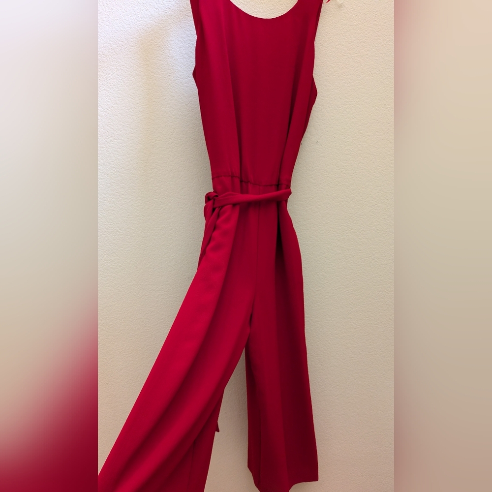Elegant Summer Jumpsuit Red Sleeveless Belted Dress with two side pockets Size S